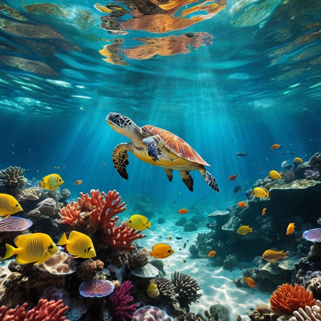 A breathtaking underwater scene featuring a vibrant coral reef, teeming with colorful fish, while in the foreground, a lone endangered species, like a sea turtle or a specific fish, looks up with a sense of urgency. Sunlight filters through the water, highlighting the beauty and fragility of the ecosystem. Add a stark contrast with small plastic debris to symbolize the threats they face. super-realistic. vibrant colors. aquatic theme.