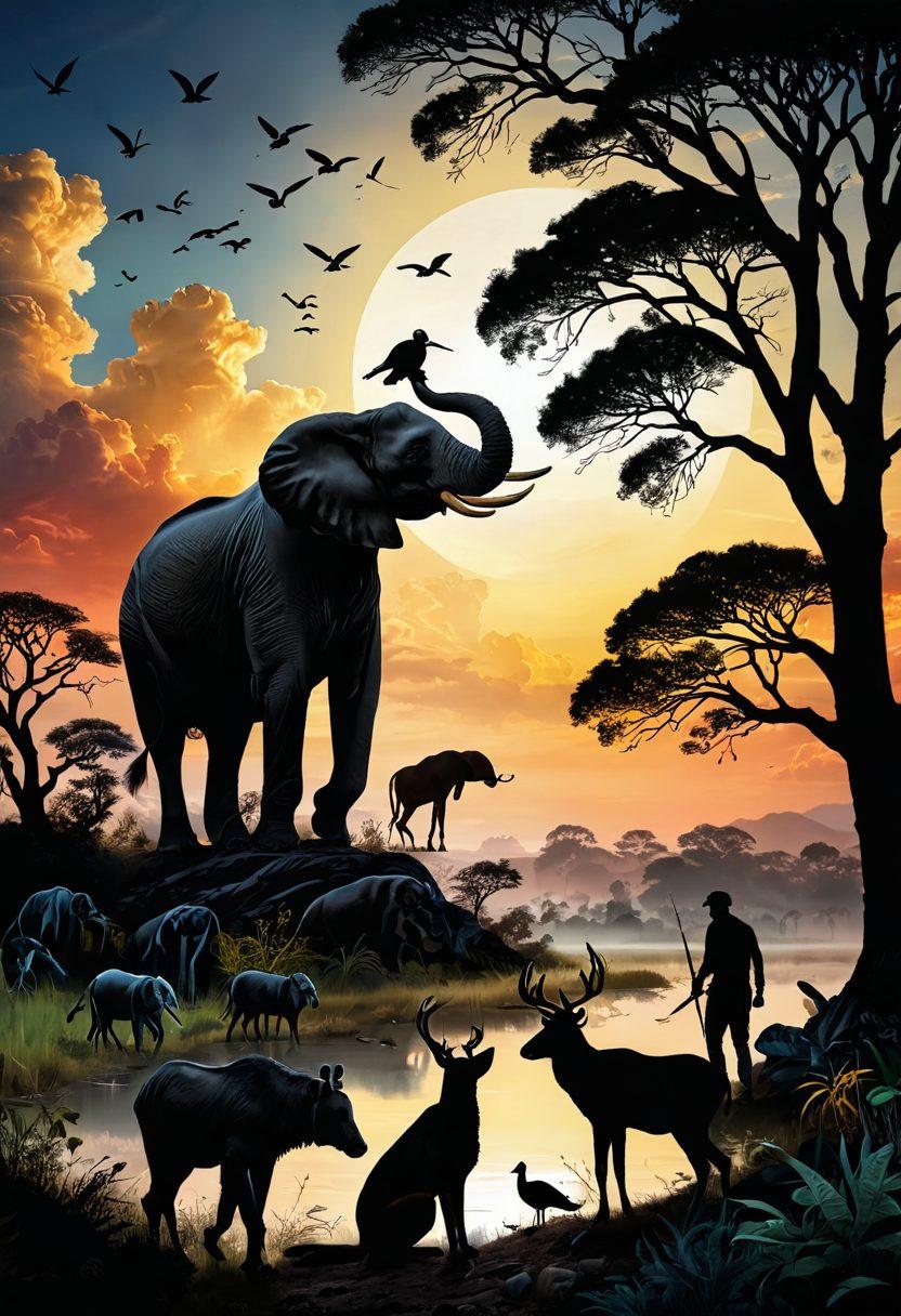 A powerful visual of a majestic wildlife scene showing various animals thriving in their natural habitats, contrasted with a shadowy background representing the threats they face. In the foreground, groups of diverse people are actively engaged in conservation efforts, planting trees and cleaning up habitats under a bright, hopeful sky. The atmosphere should evoke a sense of urgency and hope, illustrating the transition from sadness to action in wildlife protection. colorful. super-realistic.
