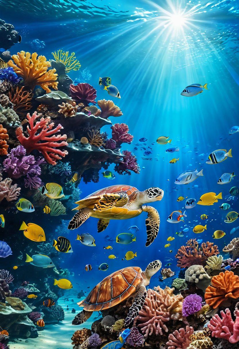 A vibrant underwater scene depicting diverse marine life including colorful corals, schools of fish, and a sea turtle gracefully swimming through the water. The background should show a healthy reef ecosystem, highlighting the critical role of biodiversity in maintaining environmental balance. Include soft sunlight filtering through the water, enhancing the beauty of this thriving habitat. super-realistic. vibrant colors. 3D.
